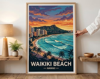 May include: A framed art print of Waikiki Beach, Hawaii, featuring a vibrant sunset over the ocean. The artwork showcases a stylized depiction of the beach, palm trees, and buildings, with the text "WAIKIKI BEACH - HAWAII" at the bottom.
