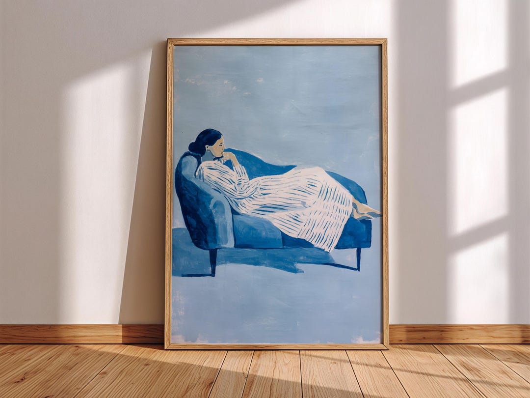 Abstract Woman Art Print, Blue Wall Art Living Room, Minimalist Nude ...