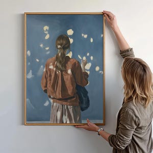Figuratieve kunst aan de muur | Vrouw reikt naar licht | Schilderachtige kunstafdruk | Boho wanddecoratie | Minimalistische kunst | Woonkamerafdruk