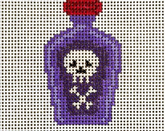 Hand Painted Halloween Skull Purple Potion Bottle Needlepoint Canvas | 13 Mesh Physical Canvas