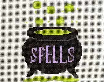 Hand Painted Halloween Spells Cauldron Needlepoint Canvas | 13 Mesh Physical Canvas