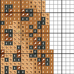May include: A cross stitch pattern chart featuring a grid of squares in shades of brown and tan. Each square contains a symbol including white downward arrows, black pound sterling signs, dollar signs, curved back arrows, and white chicken leg icons.