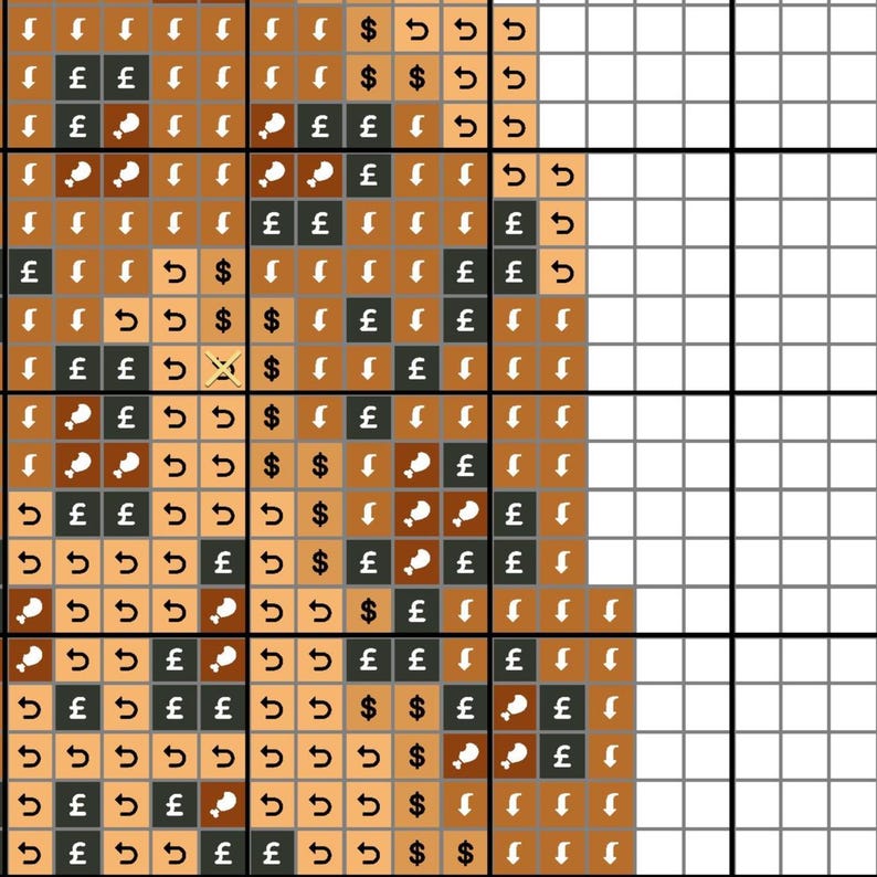 May include: A cross stitch pattern chart featuring a grid of squares in shades of brown and tan. Each square contains a symbol including white downward arrows, black pound sterling signs, dollar signs, curved back arrows, and white chicken leg icons.