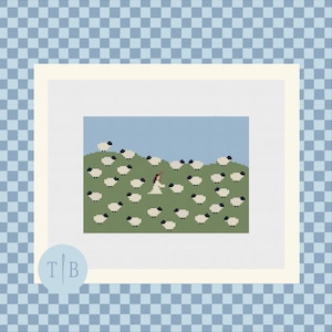 May include: A cross-stitch pattern featuring a light blue sky above a green field filled with numerous small white sheep with black faces and legs. A single figure in a white robe stands among the sheep. The design is framed by a white border.