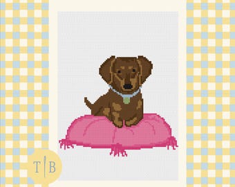 Dachshund on Pillow - 18 Mesh Digital Needlepoint Chart - PDF Download