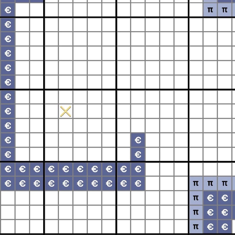 May include: A grid pattern featuring white squares outlined in black, with some squares filled in blue. The blue squares contain white euro symbols or the Greek letter pi. A single yellow X is positioned within one of the white grid squares.