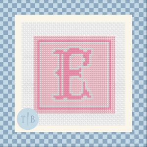 May include: A cross-stitch pattern featuring the capital letter E in a bold pink font. The letter is centred within a square frame composed of a light grey border and a pink outline, all set against a white Aida cloth background with a grid.