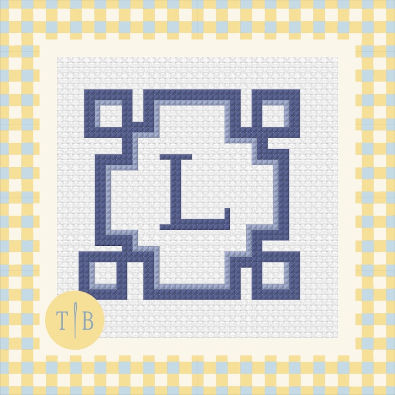 May include: A cross stitch pattern featuring a dark blue letter L centered within a geometric frame of interconnected squares. The design is set against a white grid background, surrounded by a yellow and light blue checkered border with a TB logo.