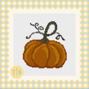 May include: A cross-stitch pattern featuring a central orange pumpkin with a dark green stem and curling vines. The design is set against a white grid background, framed by a yellow and light blue checkered border, with a circular T|B logo.