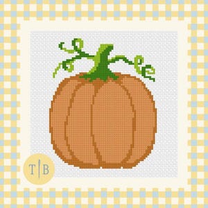 May include: A cross-stitch pattern featuring a round orange pumpkin with a green stem and curly vines, set against a white grid background. A circular logo with the letters T and B separated by a needle icon appears in the bottom left corner.
