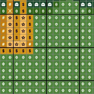 May include: A cross-stitch pattern chart featuring a grid of squares with symbols including ghosts, stars, dollar signs, hash marks, and phi symbols. The design uses a color palette of dark green, light green, and orange, organized into a structured layout.