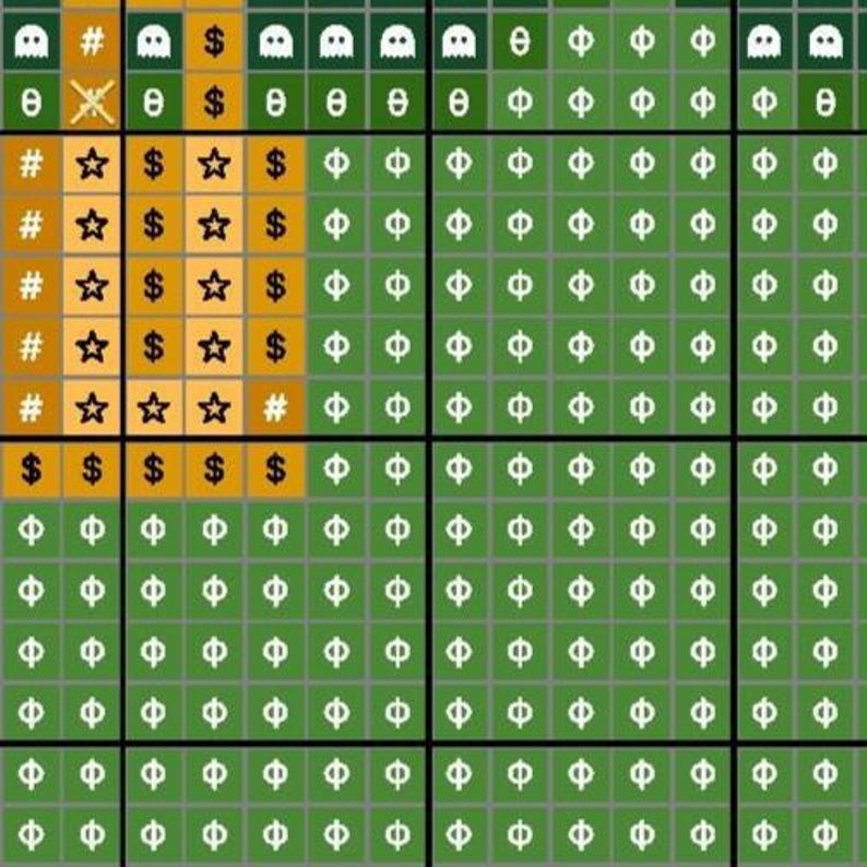 May include: A cross-stitch pattern chart featuring a grid of squares with symbols including ghosts, stars, dollar signs, hash marks, and phi symbols. The design uses a color palette of dark green, light green, and orange, organized into a structured layout.