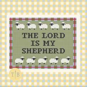 May include: A cross stitch pattern featuring the text THE LORD IS MY SHEPHERD in dark blue letters on a sage green background. The design includes two rows of five white sheep with black faces and legs, framed by a red and blue checkered border.