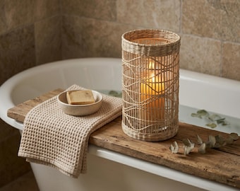 Boho Woven Candle Lantern | Seagrass Table Light Holder | Handmade Natural Decor