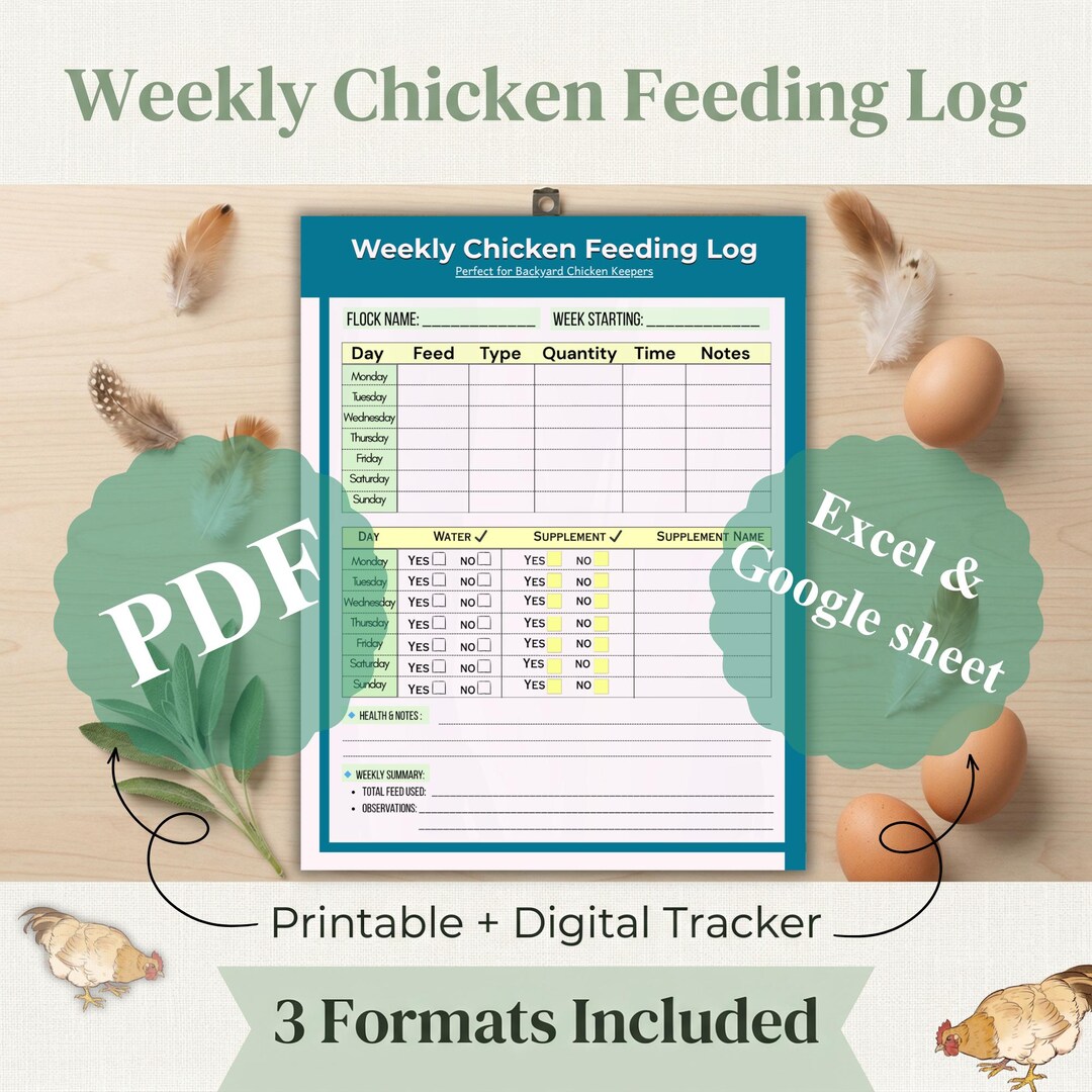 Weekly Chicken Feeding Log, Poultry Tracker, Farm Record (PDF, Excel ...