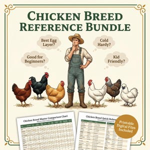 Puede incluir: Ilustración de un "Chicken Breed Reference Bundle" con un granjero reflexionando sobre las características de los pollos. La imagen incluye varias razas de pollos, cuadros comparativos y el texto "Printable Digital Files Included."