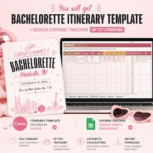 May include: A bachelorette itinerary template for Nashville, TN, featuring a pink design with a cowboy hat, guitar, and skyline. It includes a digital expense tracker spreadsheet for up to 5 persons, editable in Canva and Google Sheets, with heart-shaped sunglasses.