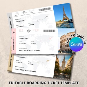 May include: A template for editable boarding passes with a world map design, featuring destinations like Paris and Rome. The design includes space for passenger details, date, and time, with the text "EDITABLE BOARDING TICKET TEMPLATE".