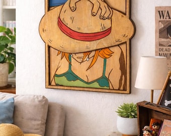 One Piece Luffy & Nami Relief Wooden Manga Picture – Handmade Wall Art