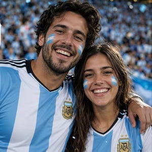 May include: A smiling couple wearing light blue and white striped football shirts with the Argentinian Football Association logo. They have Argentinian flag face paint. A crowd of people is in the background.