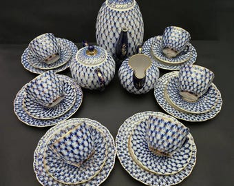 Lomonosov imperial porcelain factory - s.yakovleva - coffee set (21) - porcelain - lomonosov cobalt net