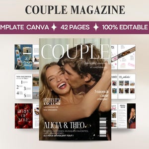 Puede incluir: Una portada de revista titulada "COUPLE MAGAZINE" con una pareja abrazándose. La portada incluye el texto "TEMPLATE CANVA", "42 PAGES" y "100% EDITABLE". Se ven páginas adicionales, mostrando fotos y texto. El tema de la revista es el amor y las relaciones.
