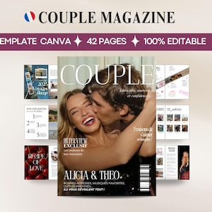 Può includere: Copertina della rivista "COUPLE MAGAZINE" con una coppia sorridente. Il testo "TEMPLATE CANVA 42 PAGES 100% EDITABLE" è visibile. Sono presenti anche pagine aggiuntive con foto e testo.