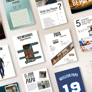 May include: A collection of white paper printables with various designs and text. One features a word search, another a playlist, and others include phrases like "Get His Look" and "Best Dad". The color scheme is primarily white, black, and blue.