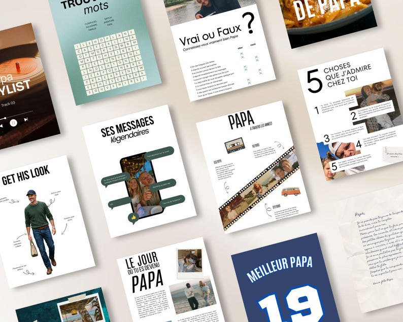 May include: A collection of white paper printables with various designs and text. One features a word search, another a playlist, and others include phrases like "Get His Look" and "Best Dad". The color scheme is primarily white, black, and blue.