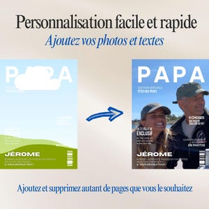 May include: Image shows a magazine cover transformation. The before image has a blue sky background with the word "PAPA" and the name "J&Eacute;ROME". The after image shows a photo of a man and woman on the cover, with the word "PAPA".