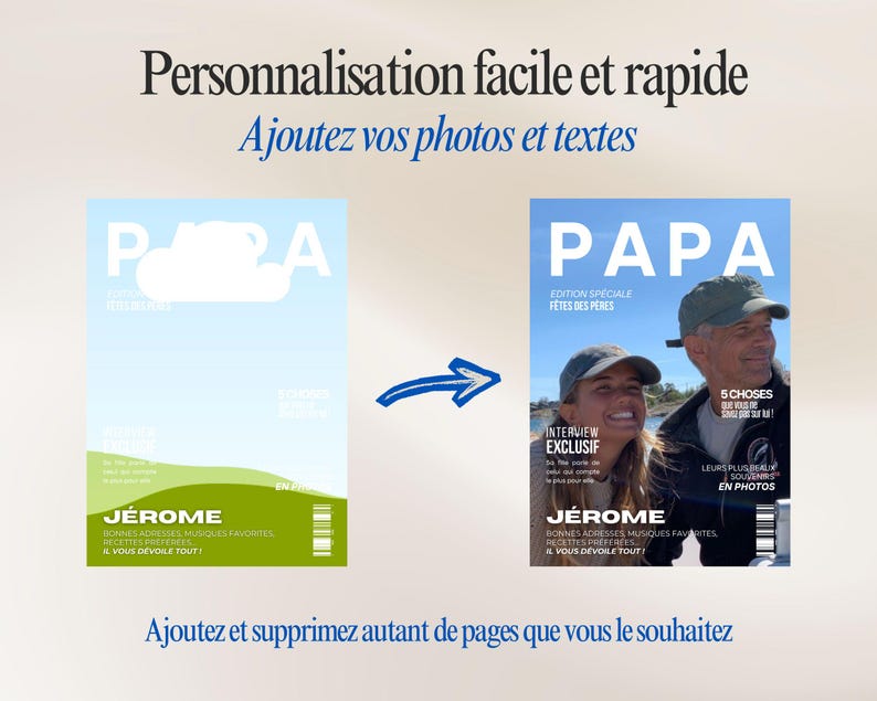 May include: Image shows a magazine cover transformation. The before image has a blue sky background with the word "PAPA" and the name "J&Eacute;ROME". The after image shows a photo of a man and woman on the cover, with the word "PAPA".
