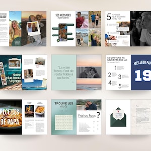 May include: A collection of scrapbook pages with photos and text. The pages feature various themes, including family, travel, and recipes. Text includes "Interview Exclusif", "Ses Messages Legendaires", and "Meilleur Papa 19".