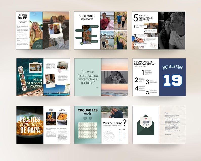 May include: A collection of scrapbook pages with photos and text. The pages feature various themes, including family, travel, and recipes. Text includes "Interview Exclusif", "Ses Messages Legendaires", and "Meilleur Papa 19".