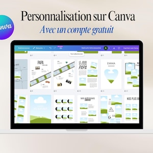May include: A laptop displaying a Canva interface with various design templates. The screen shows a magazine layout with the word "PAPA" and other design elements. Text on the screen includes "Personnalisation sur Canva" and "Avec un compte gratuit."