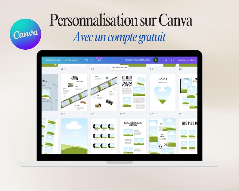 May include: A laptop displaying a Canva interface with various design templates. The screen shows a magazine layout with the word "PAPA" and other design elements. Text on the screen includes "Personnalisation sur Canva" and "Avec un compte gratuit."