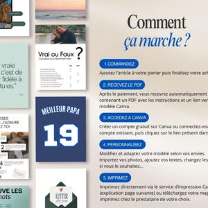 May include: A digital product advertisement with a blue and white football jersey design that says "MEILLEUR PAPA 19". The image also includes instructions in French on how to use the product, along with other design elements.