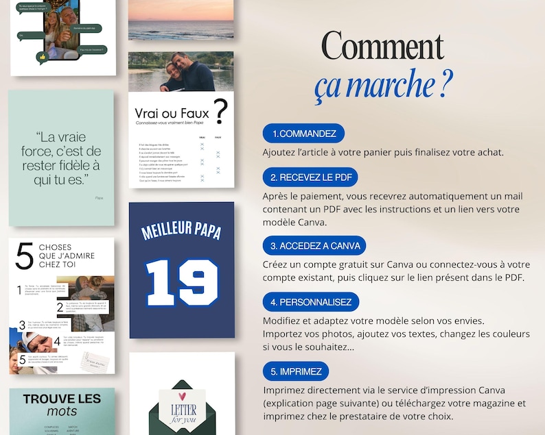May include: A digital product advertisement with a blue and white football jersey design that says "MEILLEUR PAPA 19". The image also includes instructions in French on how to use the product, along with other design elements.