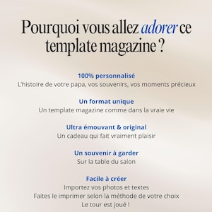 May include: A magazine template advertisement with text in French. The headline reads "Pourquoi vous allez adorer ce template magazine?" followed by descriptive bullet points about the magazine's features and benefits.