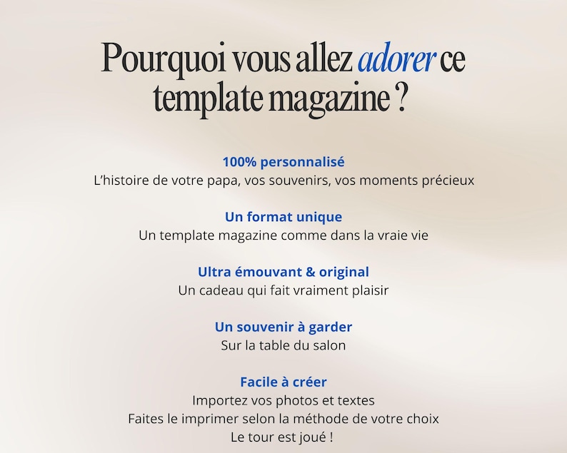 May include: A magazine template advertisement with text in French. The headline reads "Pourquoi vous allez adorer ce template magazine?" followed by descriptive bullet points about the magazine's features and benefits.