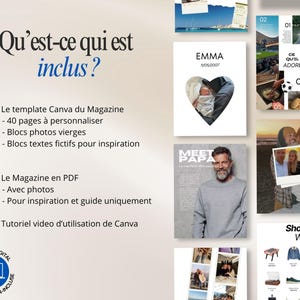 May include: A digital product advertisement with the text "Qu'est-ce qui est inclus?" and a list of features. The image includes magazine templates, photo blocks, and a video tutorial. Various sample magazine pages are displayed, including a "Shopping Wishlist" and a "Meet Papa" spread.