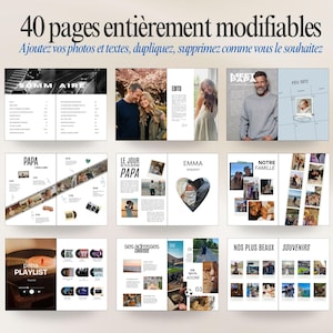 May include: A layout of a photo album with various pages displayed. The album features text in French, including "40 pages enti&egrave;rement modifiables" and "Ajoutez vos photos et textes." The pages contain photos and text layouts.
