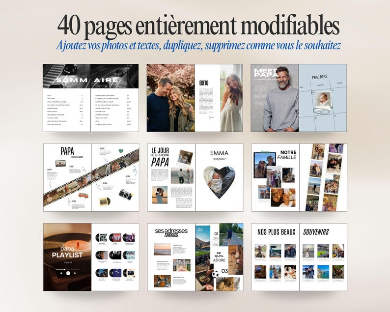 May include: A layout of a photo album with various pages displayed. The album features text in French, including "40 pages enti&egrave;rement modifiables" and "Ajoutez vos photos et textes." The pages contain photos and text layouts.