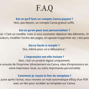 May include: A beige background with the text "F.A.Q" in a bold, dark font. Below, questions and answers are listed in blue text, addressing topics like Canva accounts, customization, ease of use, and printing options.