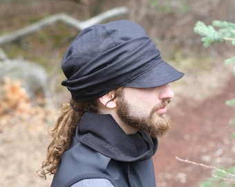 Black Linen Wrap Hat with short stiff brim