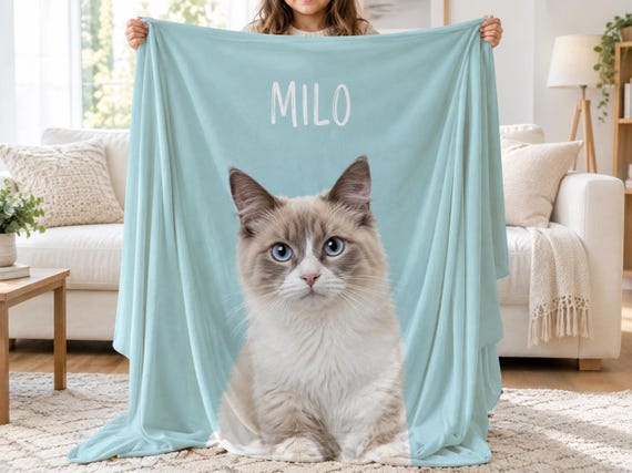 Ragdoll Cat Blanket with Photo and Name, Custom Minky Fleece Throw