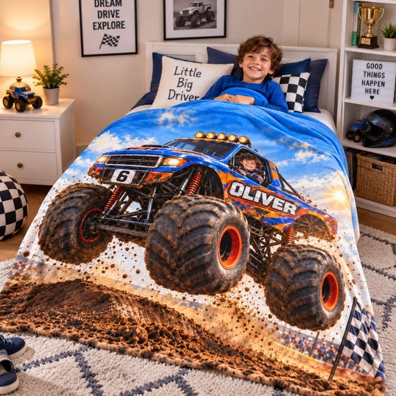 Personalized Monster Truck Blanket for Kids, Custom Photo Blanket with Name, Boys Birthday Gift, Toddler Bedroom Decor