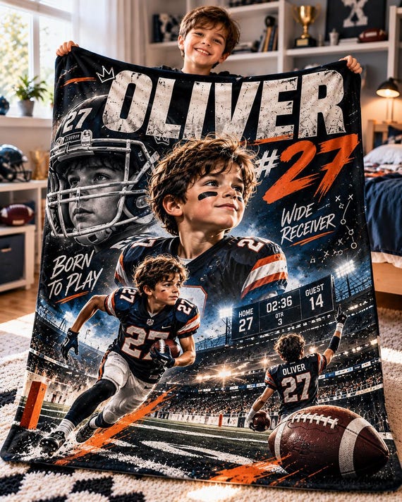 Personalized Football Photo Blanket, Custom Face, Name & Number, Gift for Boys