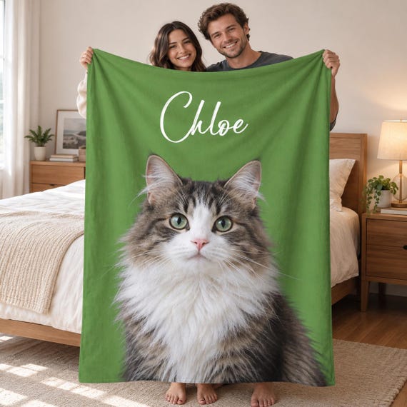 Custom Cat Photo Blanket with Name, Personalized Minky Fleece Throw