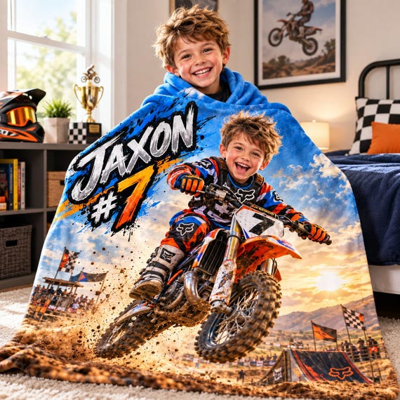Personalized Motocross Blanket for Boys | Custom with Name & Number