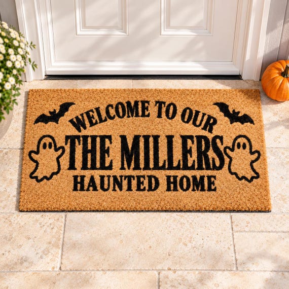 Personalized Halloween Doormat with Family Name, Ghost Welcome Mat, Haunted Home Front Door Decor